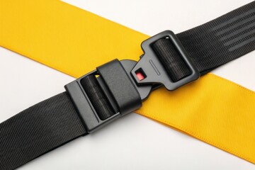 A close-up of a car seatbelt buckle, featuring a black clasp and yellow strap, highlighting safety and security in vehicles.