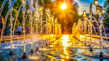 Close-Up of Sparkling Water Fountain Jets on a Sunny Summer Day - Long Exposure Photography