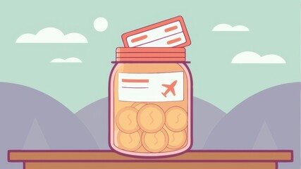 A savings jar filled with coins and travel tickets, symbolizing travel savings and financial planning for adventures.