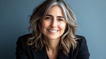 Naklejka premium Confident and Radiant. Portrait of a Smiling Woman with Gray Hair Embracing Age and Beauty.