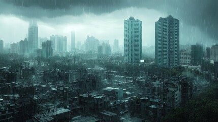 Obraz premium Rainfall Over City Rooftops Under Cloudy Sky
