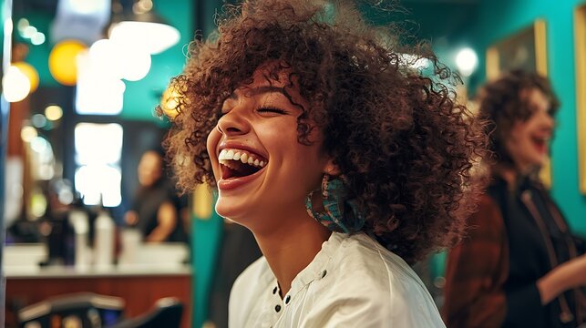 A woman with curly hair is smiling and laughing in a salon