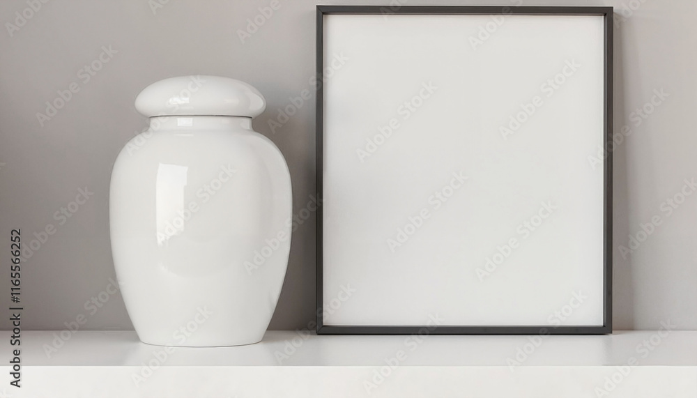 Poster white vase next to empty frame on minimalist shelf