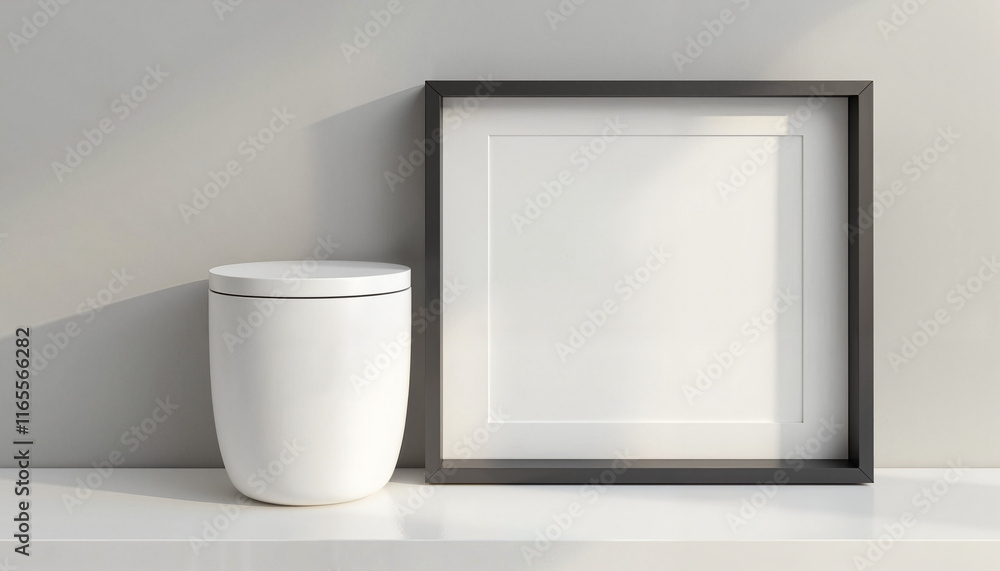 Poster modern white vase and empty frame on minimalist shelf