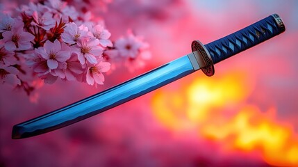 Japanese katana sword amongst cherry blossoms at sunset.