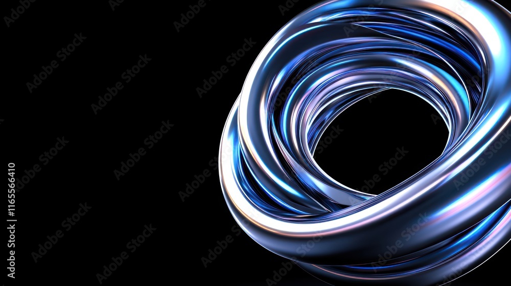 Poster abstract metallic loop with reflective surfaces on a dark background.