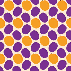 Plums and apricots colorful Seamless pattern in trendy summer hues. Seasonal fruits background idea