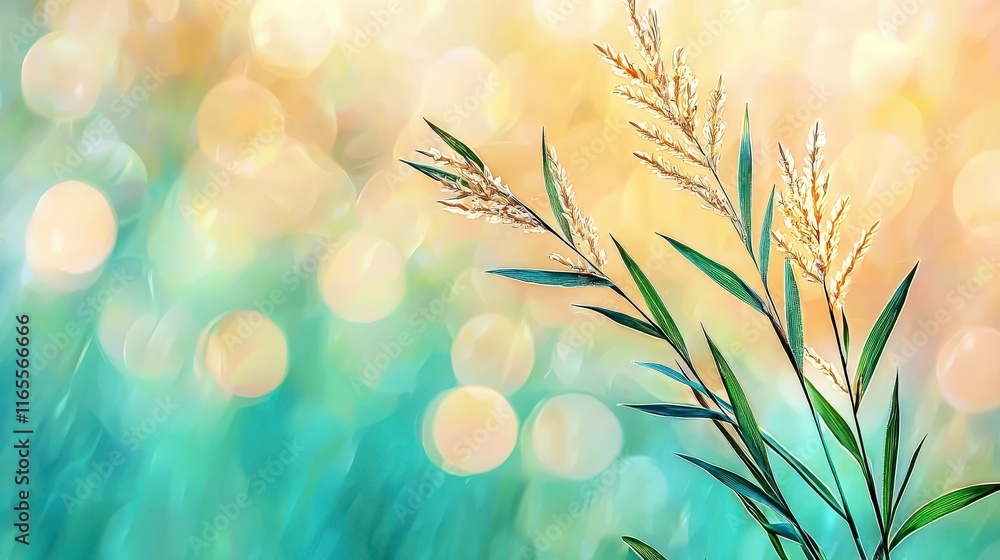 Poster delicate green leaves with soft bokeh background in gentle natural setting