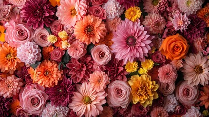 bright exotic flowers in soft pink, orange, and yellow arranged in a pattern 