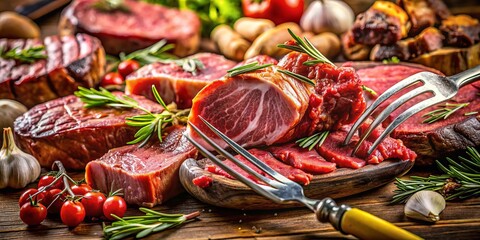 Fototapeta premium Various Meats on a Fork: High-Resolution Stock Photo