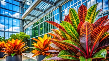 Obraz premium Vibrant Croton Plant Leaves in Architectural Setting – Stock Photo