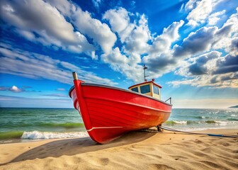 Obraz premium Vibrant Red Boat on Sandy Odessa Beach, Ukraine - Summer Seascape