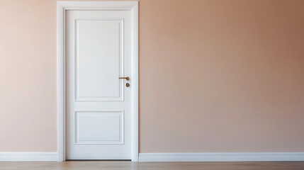 Minimalist white door against a peach wall in natural lighting