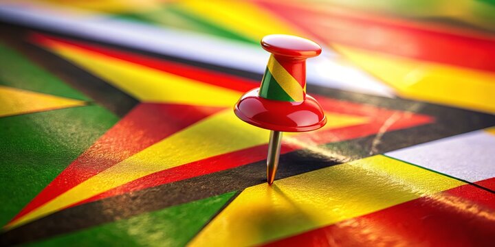 Zimbabwe Flag Double Exposure with Red Push Pin - Stock Photo