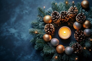 Christmas wreath decorated with burning candle, pine cones, and ornaments