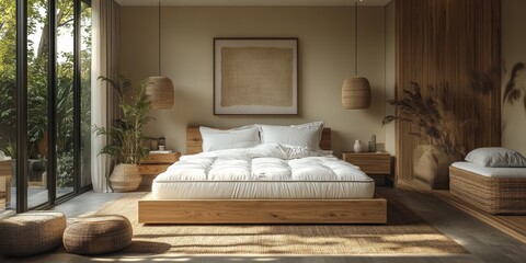 Serene minimalist bedroom with organic mattress and warm wood accents indoor space home natural light tranquil design concept