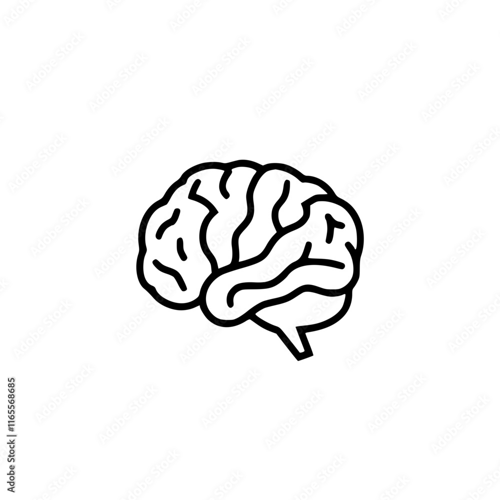Poster line art illustration of a human brain, highlighting its complex structure and intricate network of 