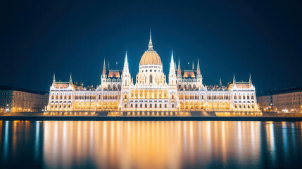 Obraz premium Illuminated Parliament Building at Night with Reflective River View