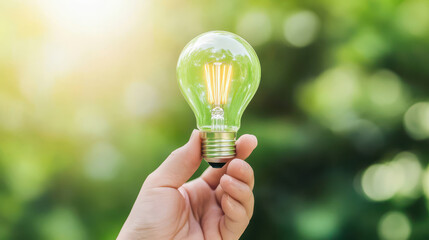 Hand holding a glowing light bulb symbolizing eco-friendly energy innovation