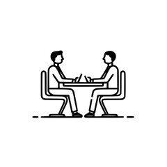 Two colleagues collaborate at a table, using laptops.  A simple, minimalist illustration of teamwork and communication in a professional setting.