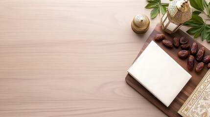 A serene display of dates, a lantern, and a decorative book.