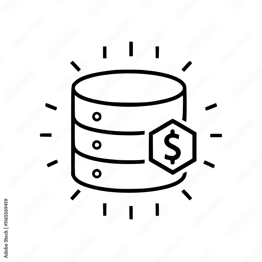 Poster database management and financial data security. a secure database icon with a dollar sign emphasize