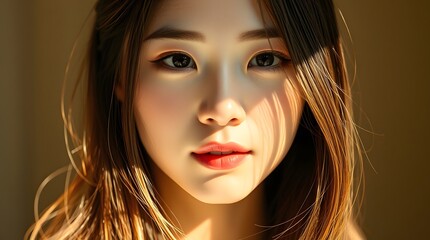 Obraz premium Sunlit Woman Portrait Soft Lighting Brown Hair Red Lips