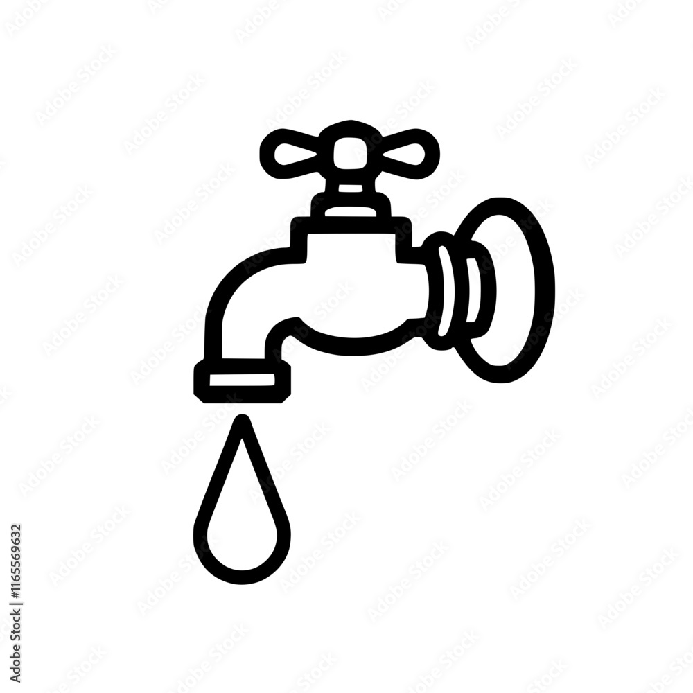 Poster water tap icon. simple line drawing of a faucet with a single drop of water flowing from the spout. 