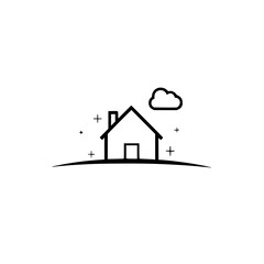 Simple line art illustration of a house on a hill under a small cloud.  Perfect for real estate, home, family, or property related projects. Clean and minimalist design.