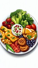 Vibrant and Healthy Meal Platter with Fresh Fruits and Vegetables. A Colorful and Delicious Plate of Food. Perfect for a Healthy Lifestyle. A Balanced Meal with a Variety of Nutritious Ingredients.
