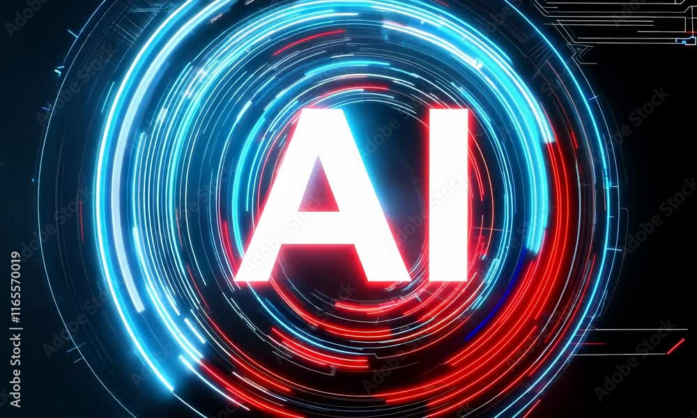 Poster logo with the word ai in white, surrounded by circuit patterns and glowing lines on a dark backgroun