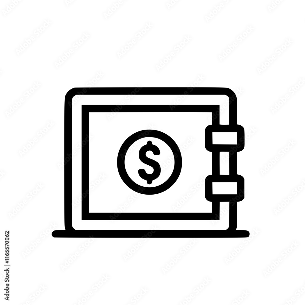Poster secure digital vault icon. a simple line drawing of a safe with a dollar sign inside, representing f