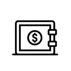 Secure digital vault icon.  A simple line drawing of a safe with a dollar sign inside, representing financial security and digital asset protection.