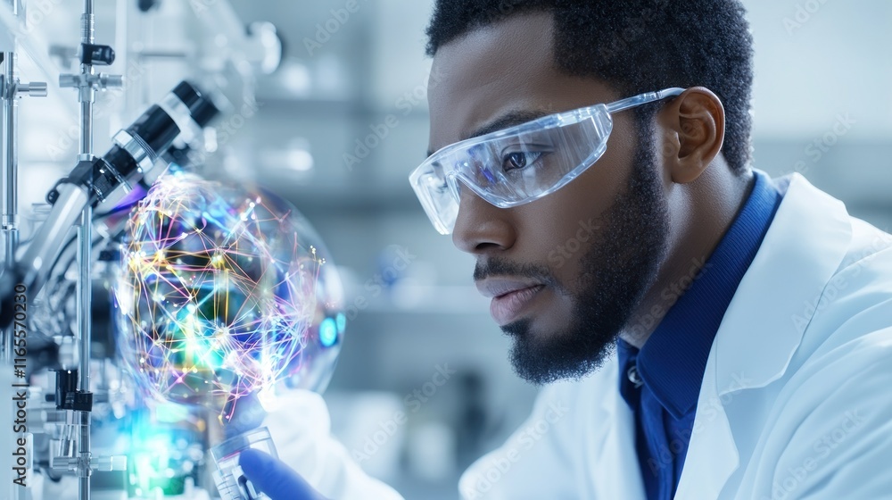 Poster scientist examining a glowing orb in a laboratory setting.