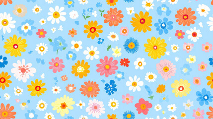 Colorful seamless flower pattern on a vibrant blue background