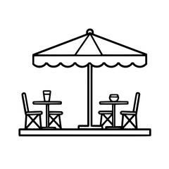 Fototapeta premium Outdoor cafe seating under a patio umbrella. Two small tables with chairs are set up for guests. Perfect for a summer afternoon.