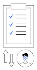 Checklist with three blue checkmarks, upward and downward arrows, face with biometric grid. Ideal for task evaluation, prioritization, workflow, technology, identity verification, and productivity