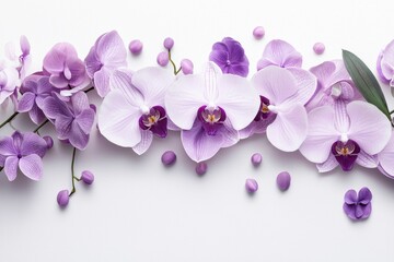 Beautiful Purple and White Orchids Arrangement with Petals on a Light Background