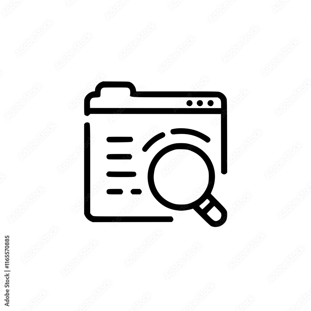 Poster online document search. magnifying glass over a file displayed on a computer screen, symbolizing the