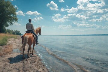 Horseback riding on beach, cowboy observing tranquil lake view