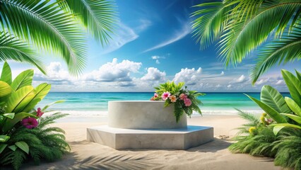 Fototapeta premium A Stone Podium Decorated With Flowers Nestled Amongst Lush Palm Trees on a Sandy Beach With Sparkling Blue Ocean in the Background