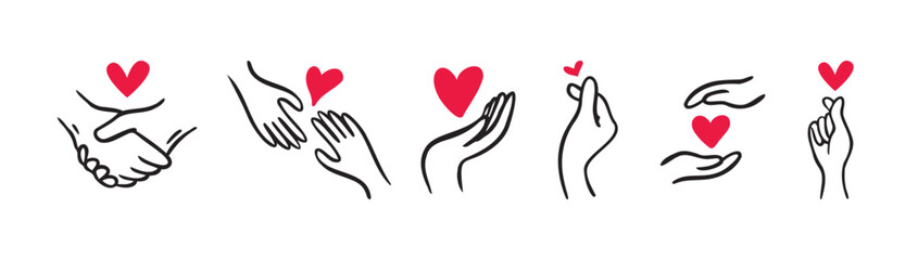 Hands Showing Love and Hearts. Doodle Hand Drawn cute icon Set. Valentine's day