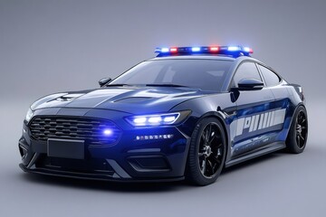 Modern police car parked with flashing lights on gray background
