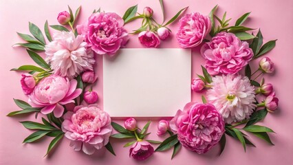 A delicate floral frame of soft pink peonies and lush green leaves surrounds a blank white card, perfect for a special message or greeting.