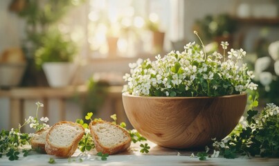 Fresh White Flowers in Wooden Bowl with Bread Slices on Light Background