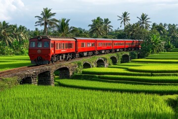 A Scenic View of a Train Crossing a Rustic Bridge Over a Lush Canal in a Tropical Paddy Field with Soft Natural Lighting in Bali