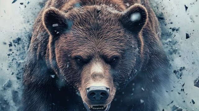 Fierce Brown Bear Charging Through Snow Powerful Display of Wildlife Strength and Natures Intensity in Dramatic Winter Scene