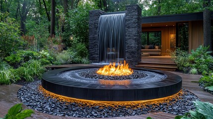 A circular fire feature with a water fountain backdrop, creating a serene ambiance in a landscaped garden.