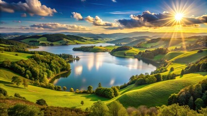 Fototapeta premium A serene lake nestled amidst rolling green hills, bathed in the golden glow of a setting sun, casting long shadows and creating a picturesque landscape