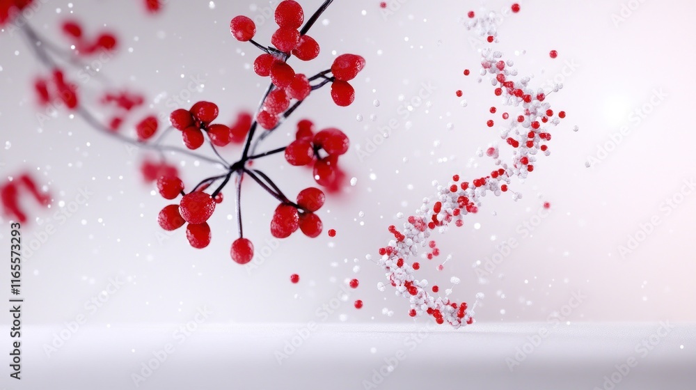 Poster abstract composition of red berries with swirling particles and snow.